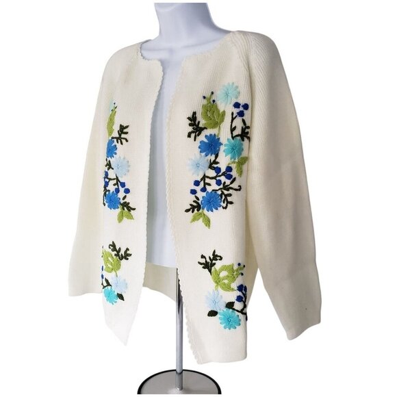 Vtg 60s 70s Sears LG Crewel Embroidered Floral Ivory White Open Front  Cardigan - Picture 4 of 12